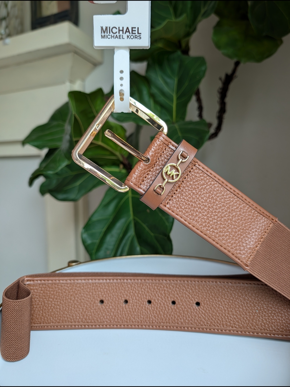 Michael Kors Tan Pebbled Leather Belt with Gold Hardware